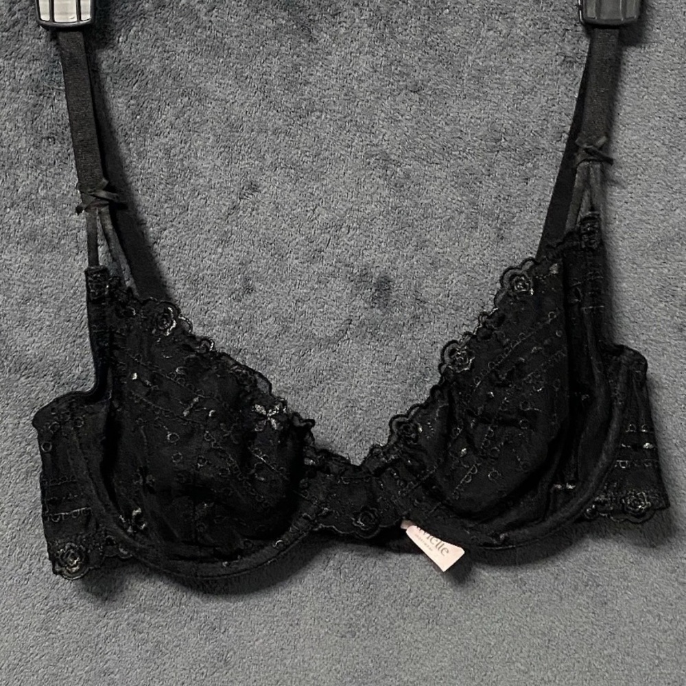 Luvlette Bra 75D Balconette Black Underwire Floral Mesh Lingerie Adjustable